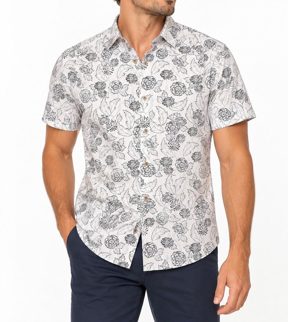 Ted Baker London Mens Floral Print Short Sleeve Button Up Shirt White Black M